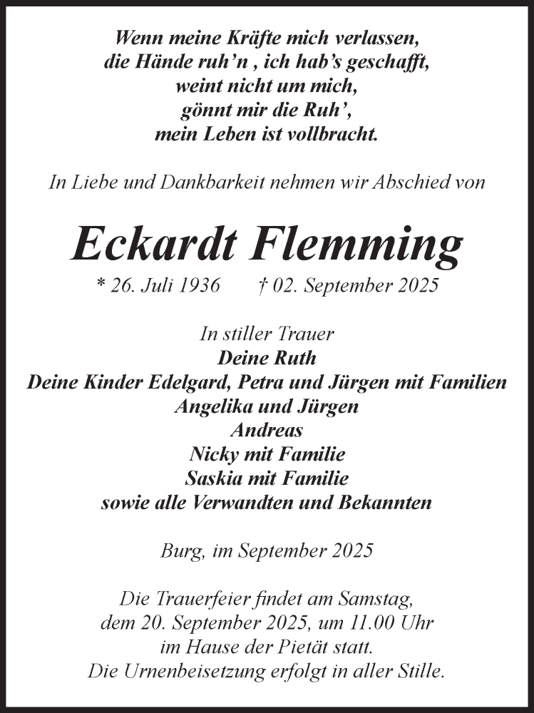  Traueranzeige für Eckardt Flemming vom 06.09.2025 aus Volksstimme Burg/Genthin