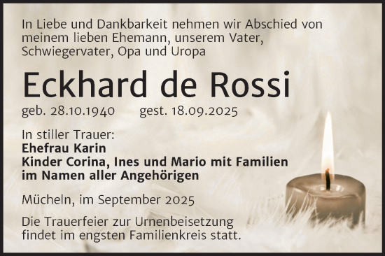 Traueranzeige von Eckhard de Rossi von Trauerkombi Merseburg