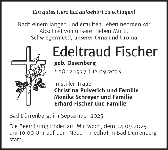 Traueranzeige von Edeltraud Fischer von Trauerkombi Merseburg