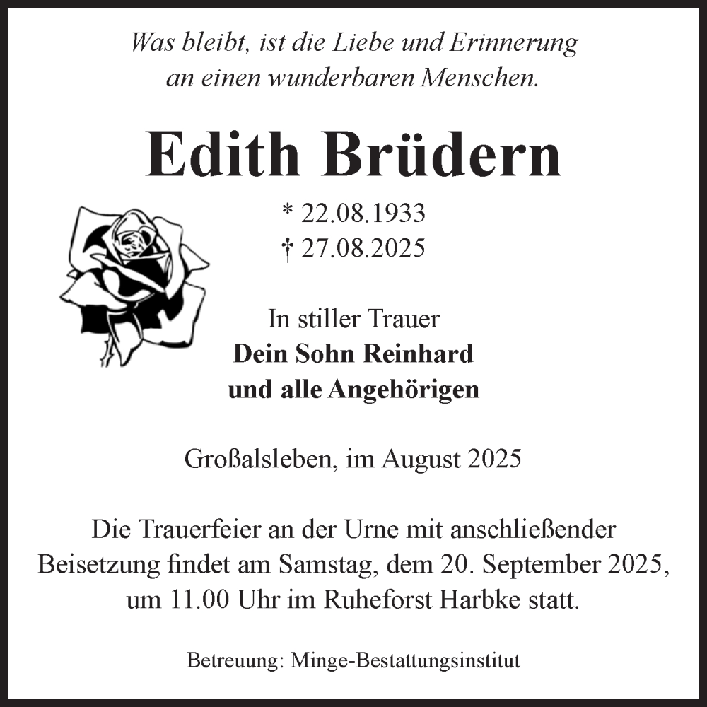  Traueranzeige für Edith Brüdern vom 09.09.2025 aus Volksstimme Oschersleben/Wanzleben