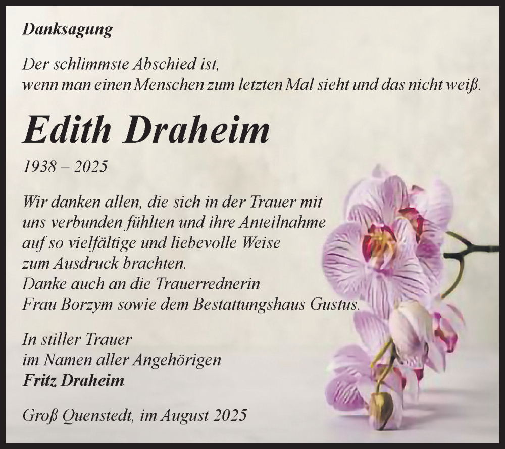  Traueranzeige für Edith Draheim vom 13.09.2025 aus Volksstimme Halberstadt