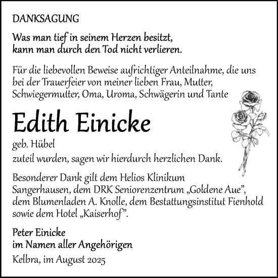Traueranzeige von Edith Einicke von Trauerkombi Sangerhausen