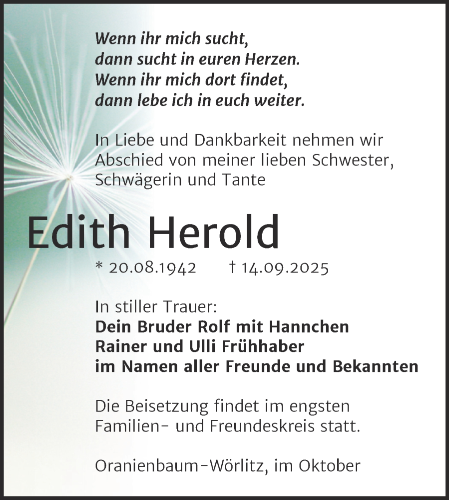  Traueranzeige für Edith Herold vom 20.09.2025 aus Trauerkombi Wittenberg