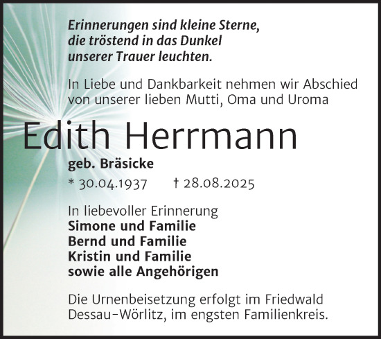 Traueranzeige von Edith Herrmann von Trauerkombi Dessau