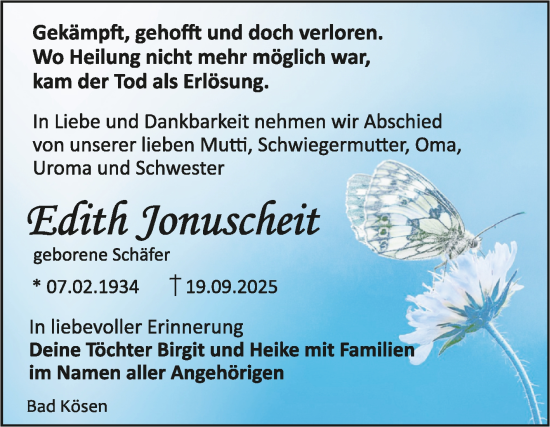 Traueranzeige von Edith Jonuscheit von Super Sonntag Naumburg/Nebra