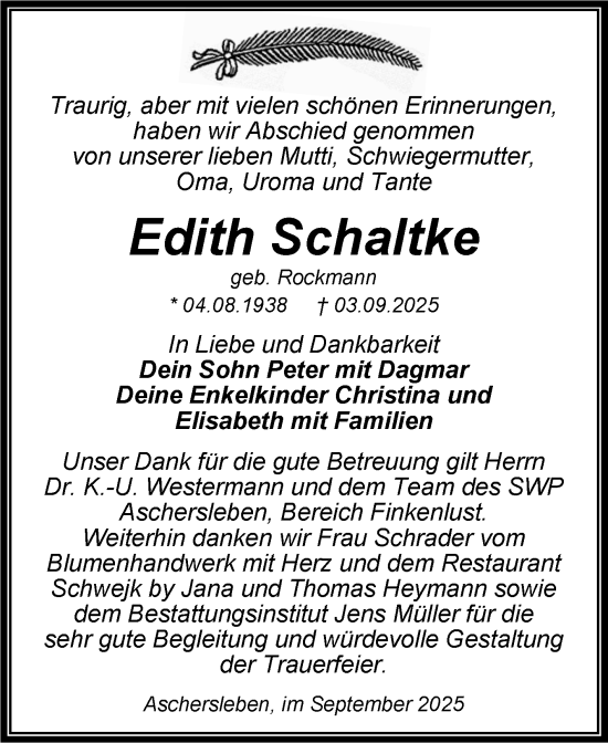 Traueranzeige von Edith Schaltke von Trauerkombi Aschersleben