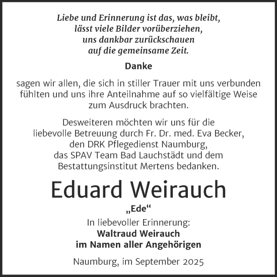 Traueranzeige von Eduard Weirauch von Super Sonntag Naumburg/Nebra