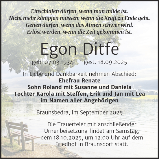 Traueranzeige von Egon Ditfe von Trauerkombi Merseburg