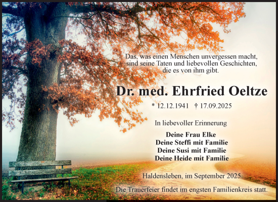 Traueranzeige von Ehrfried Oeltze von Volksstimme Altmark West