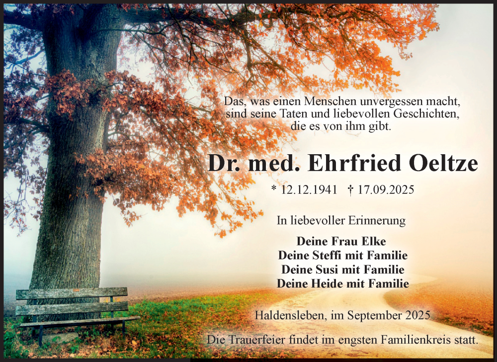  Traueranzeige für Ehrfried Oeltze vom 27.09.2025 aus Volksstimme Altmark West