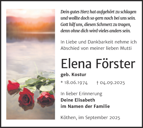 Traueranzeige von Elena Förster von Trauerkombi Köthen