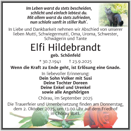 Traueranzeige von Elfi Hildebrandt von Mitteldeutsche Zeitung Dessau-Roßlau