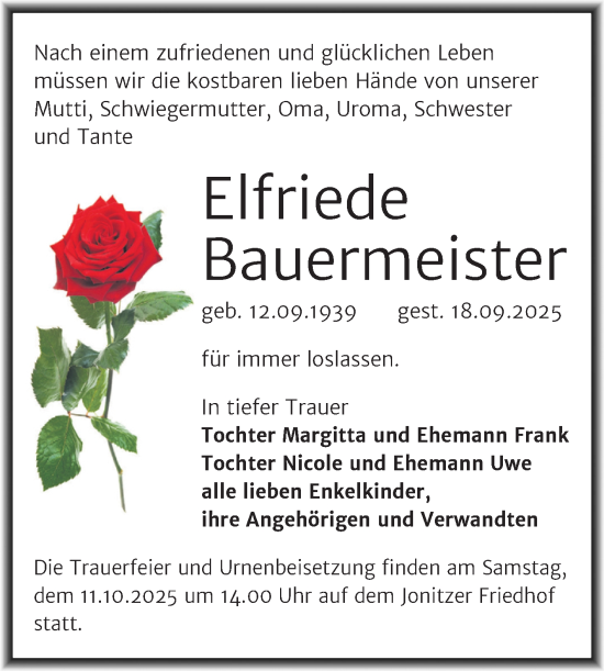 Traueranzeige von Elfriede Bauermeister von Trauerkombi Dessau
