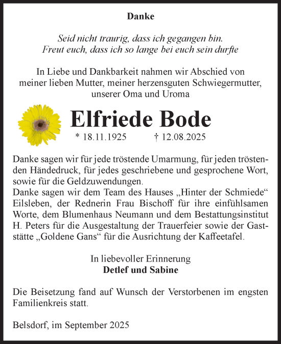 Traueranzeige von Elfriede Bode von Volksstimme Haldensleben/Wolmirstedt