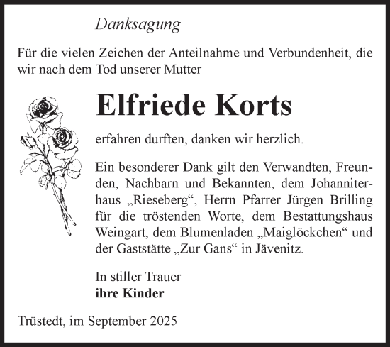 Traueranzeige von Elfriede Korts von Volksstimme Altmark West