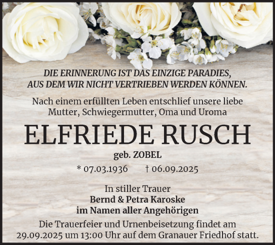 Traueranzeige von Elfriede Rusch von Mitteldeutsche Zeitung Halle/Saalkreis