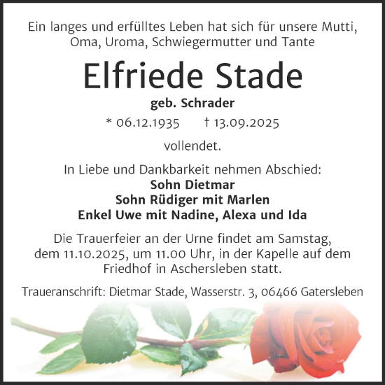 Traueranzeige von Elfriede Stade von Trauerkombi Aschersleben