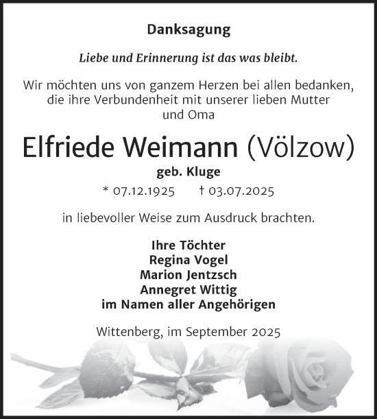 Traueranzeige von Elfriede Weimann von Trauerkombi Wittenberg