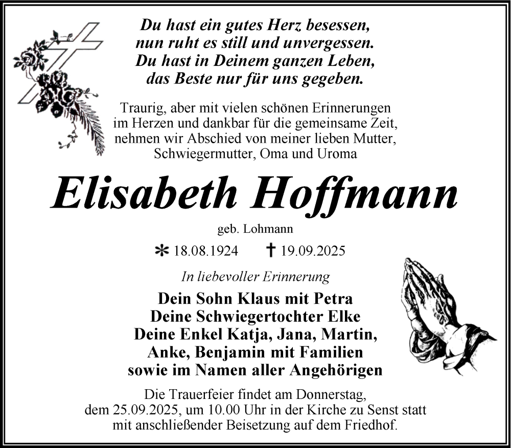  Traueranzeige für Elisabeth Hoffmann vom 23.09.2025 aus 