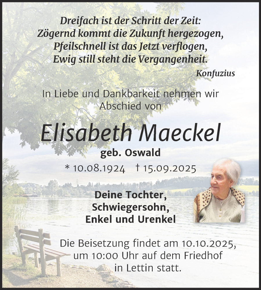  Traueranzeige für Elisabeth Maeckel vom 27.09.2025 aus Mitteldeutsche Zeitung Halle/Saalkreis