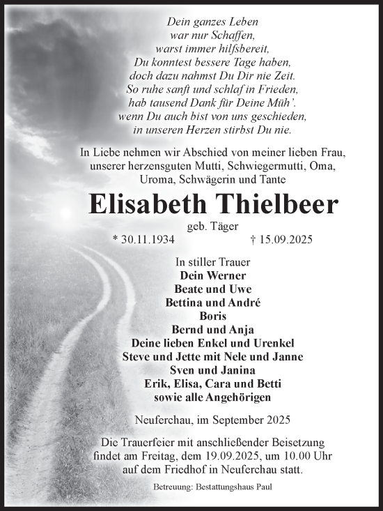 Traueranzeige von Elisabeth Thielbeer von Volksstimme Altmark West