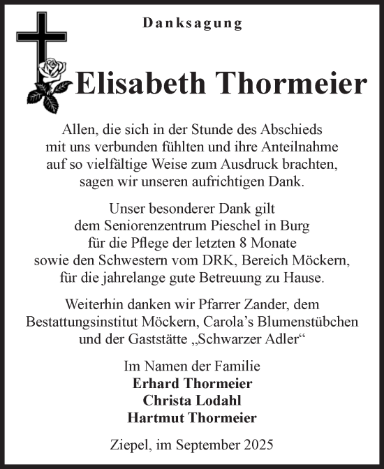 Traueranzeige von Elisabeth Thormeier von Volksstimme Burg/Genthin