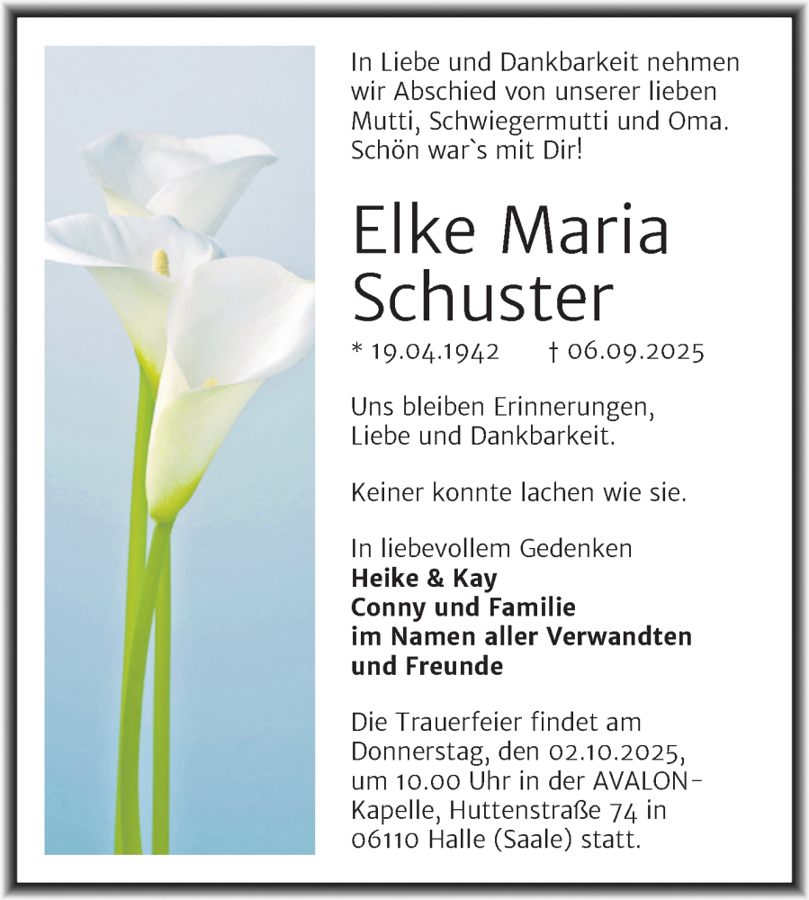  Traueranzeige für Elke Maria Schuster vom 20.09.2025 aus Mitteldeutsche Zeitung Halle/Saalkreis
