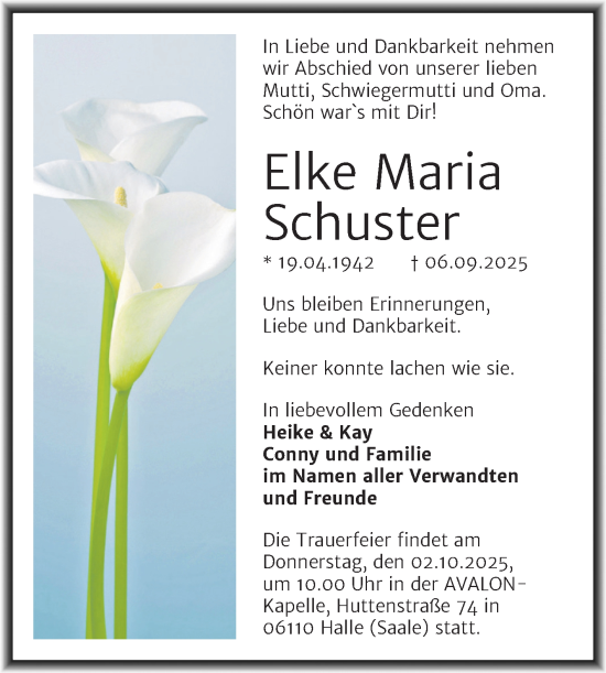Traueranzeige von Elke Maria Schuster von Mitteldeutsche Zeitung Halle/Saalkreis