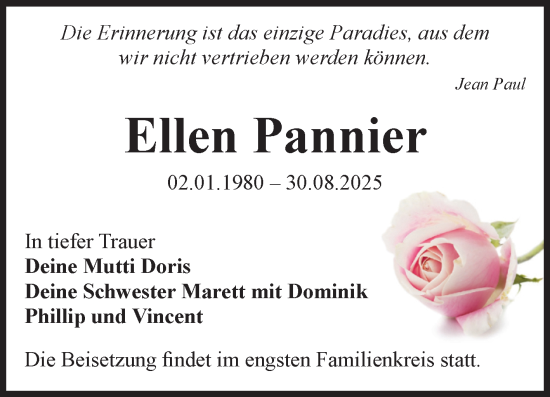 Traueranzeige von Ellen Pannier von Volksstimme Zerbst