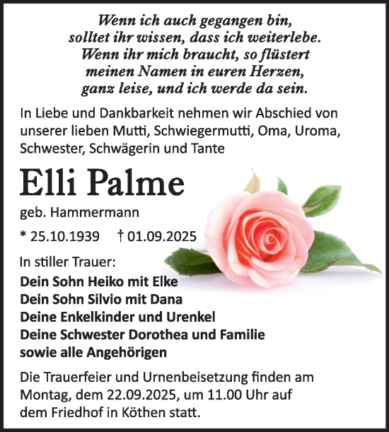 Traueranzeige von Elli Palme von Trauerkombi Köthen