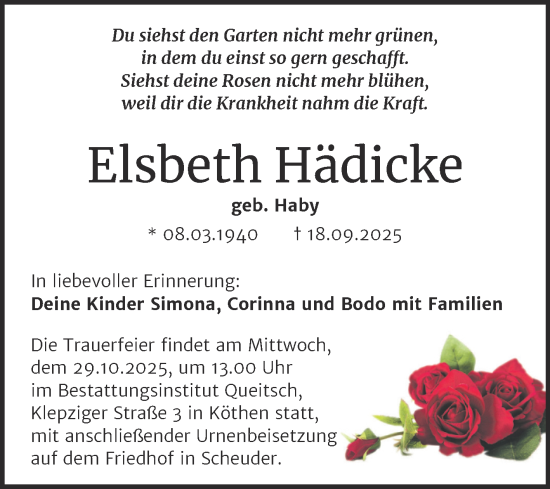 Traueranzeige von Elsbeth Hädicke von Trauerkombi Dessau