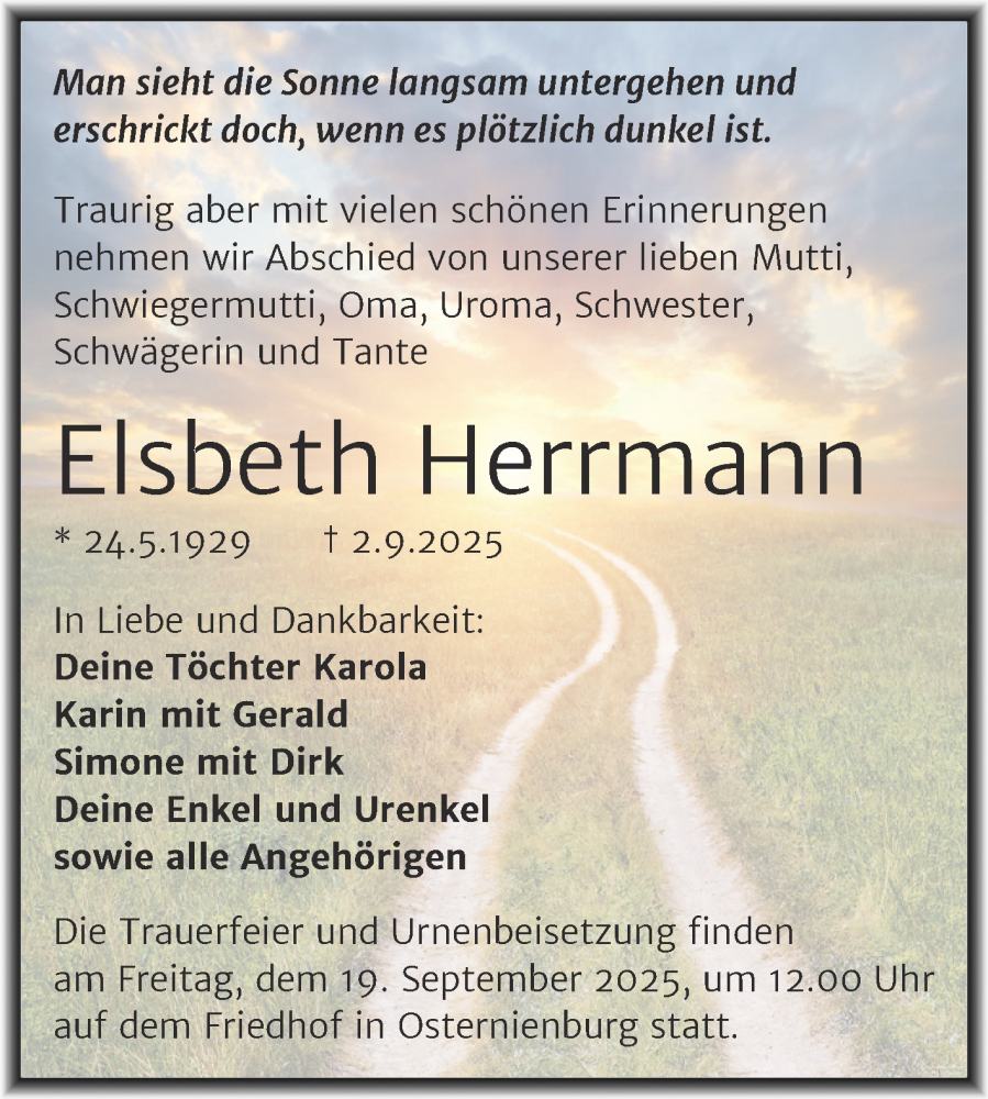  Traueranzeige für Elsbeth Herrmann vom 06.09.2025 aus Trauerkombi Köthen