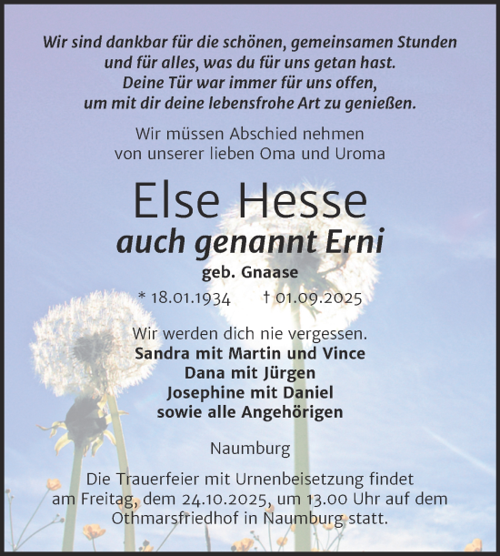 Traueranzeige von Else Hesse von Super Sonntag Naumburg/Nebra