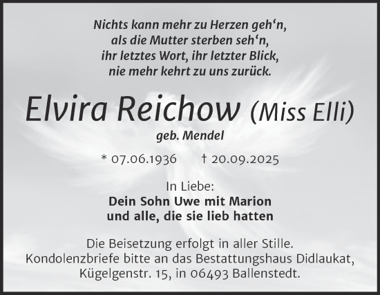 Traueranzeige von Elvira Reichow von Trauerkombi Quedlinburg