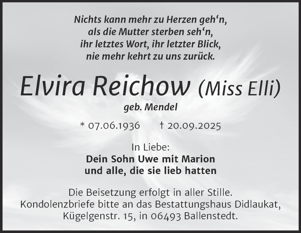  Traueranzeige für Elvira Reichow vom 27.09.2025 aus Trauerkombi Quedlinburg