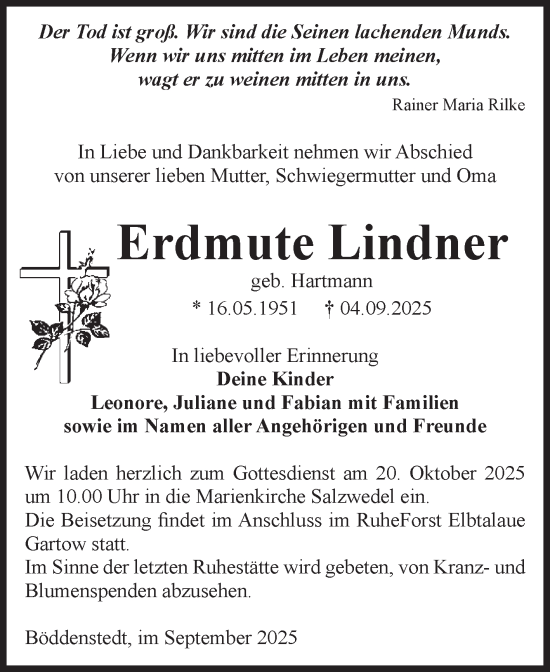 Traueranzeige von Erdmute Lindner von Volksstimme Altmark West