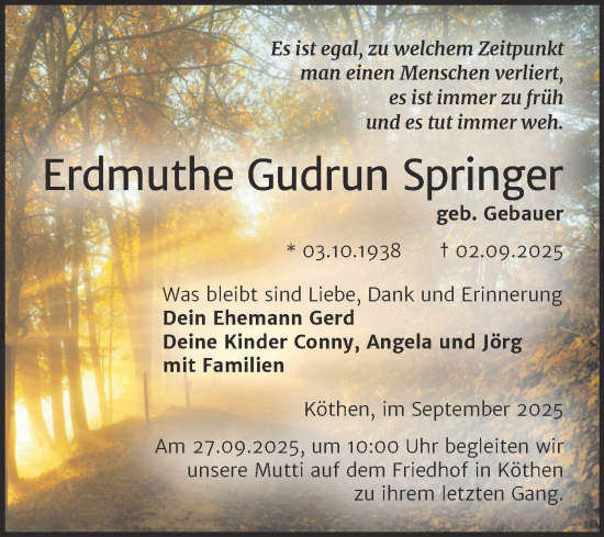 Traueranzeige von Erdmuthe Gudrun Springer von Trauerkombi Köthen