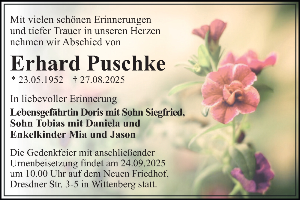  Traueranzeige für Erhard Puschke vom 06.09.2025 aus Trauerkombi Wittenberg