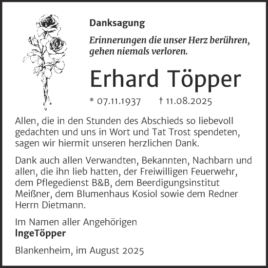 Traueranzeige von Erhard Töpper von Trauerkombi Sangerhausen