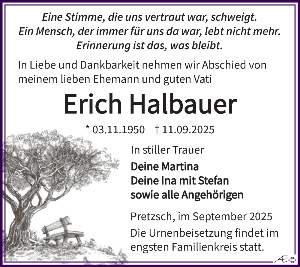  Traueranzeige für Erich Halbauer vom 20.09.2025 aus Super Sonntag Naumburg/Nebra