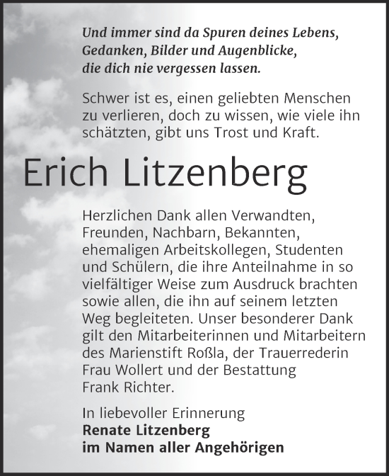 Traueranzeige von Erich Litzenberg von Trauerkombi Sangerhausen