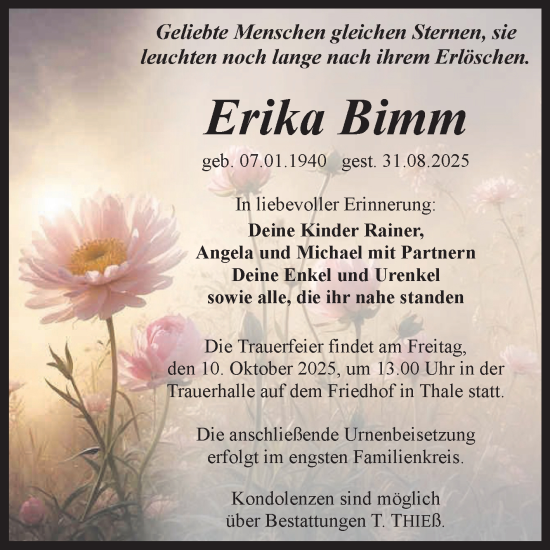 Traueranzeige von Erika Bimm von Trauerkombi Quedlinburg