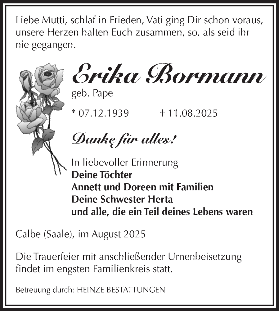  Traueranzeige für Erika Bormann vom 06.09.2025 aus Volksstimme Schönebeck