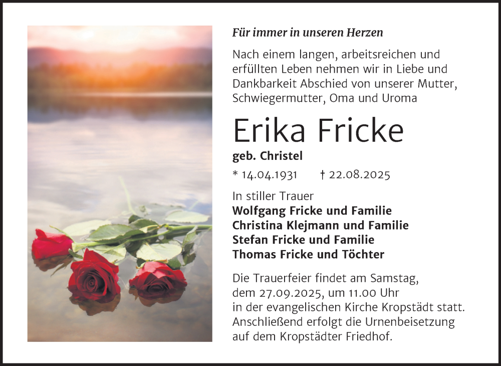 Traueranzeige für Erika Fricke vom 13.09.2025 aus Trauerkombi Wittenberg
