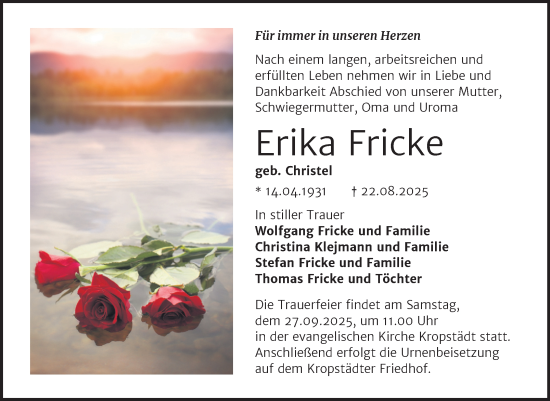 Traueranzeige von Erika Fricke von Trauerkombi Wittenberg