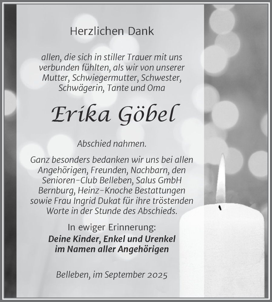  Traueranzeige für Erika Göbel vom 20.09.2025 aus Trauerkombi Bernburg