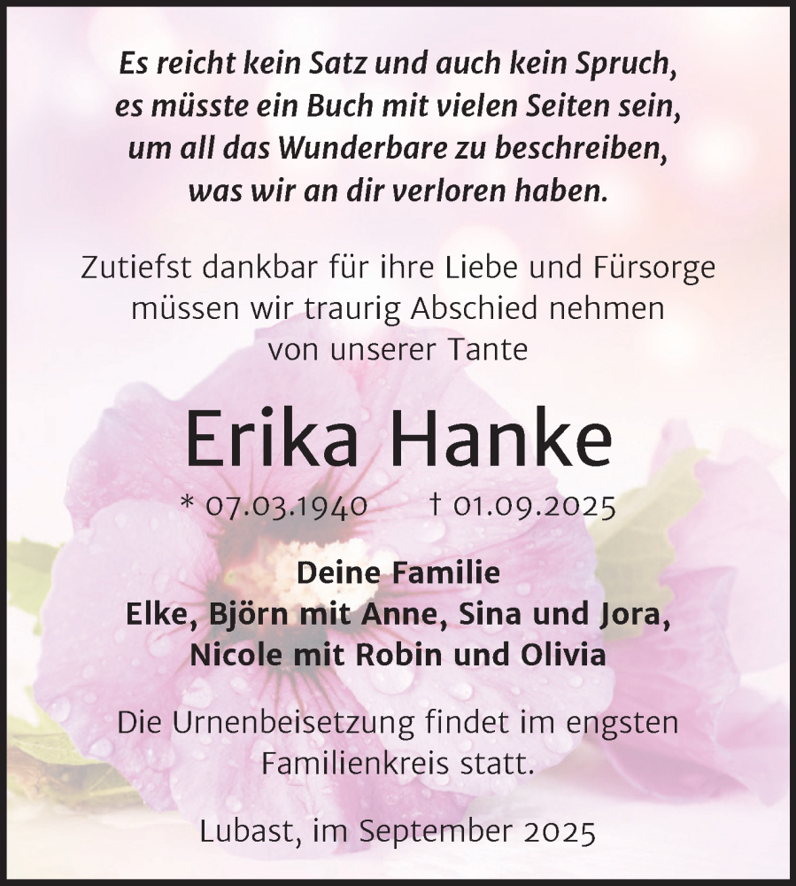  Traueranzeige für Erika Hanke vom 20.09.2025 aus Trauerkombi Wittenberg