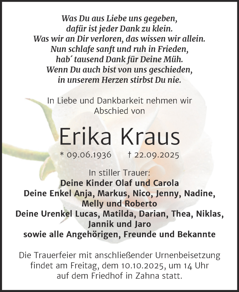  Traueranzeige für Erika Kraus vom 27.09.2025 aus Trauerkombi Wittenberg