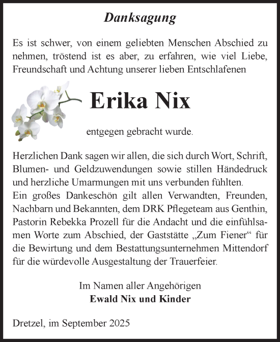 Traueranzeige von Erika Nix von Volksstimme Burg/Genthin