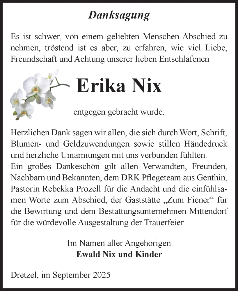  Traueranzeige für Erika Nix vom 20.09.2025 aus Volksstimme Burg/Genthin